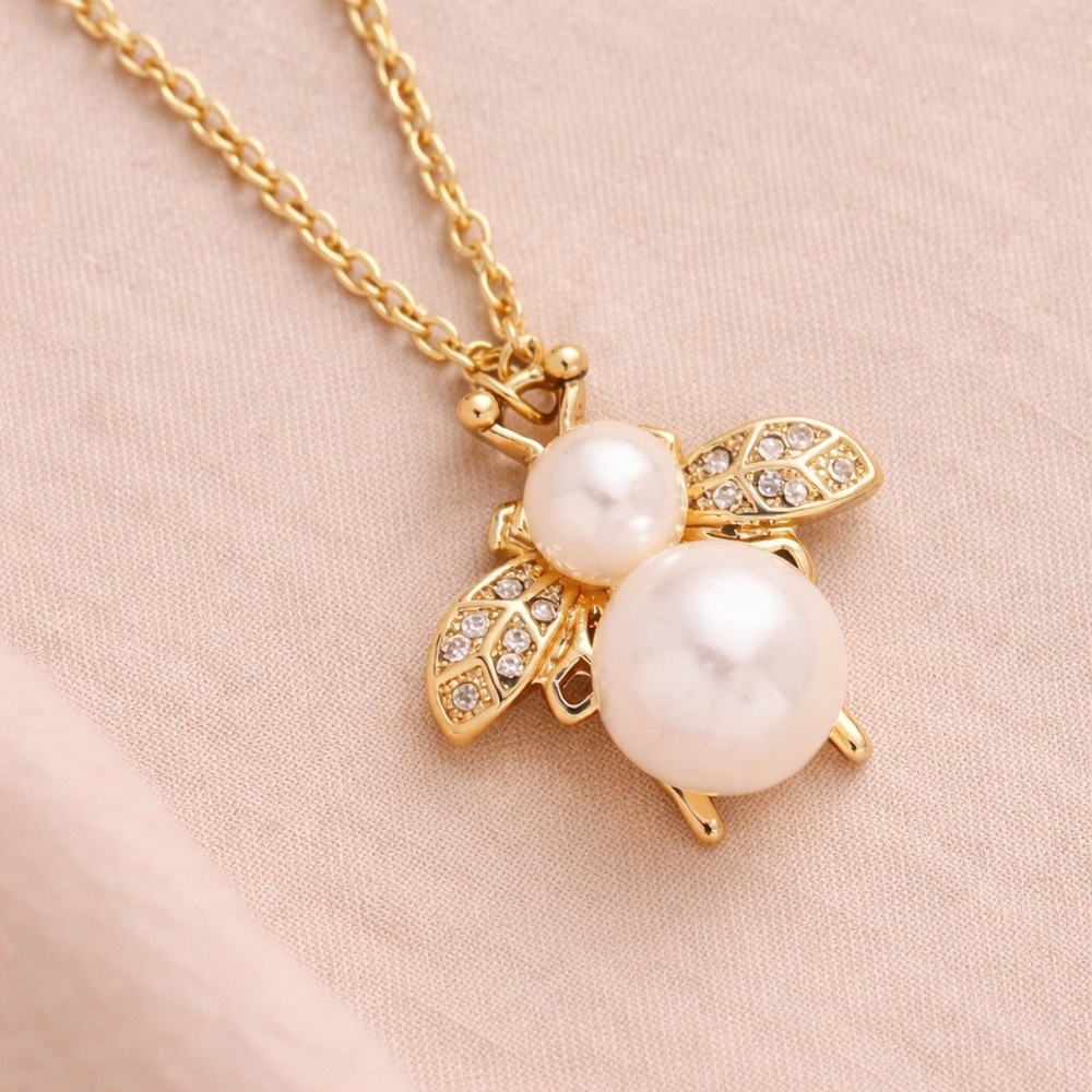Gold Bee Faux Pearl Necklace CZ Crystal Wings Gold Pendant - Picture 3 of 3